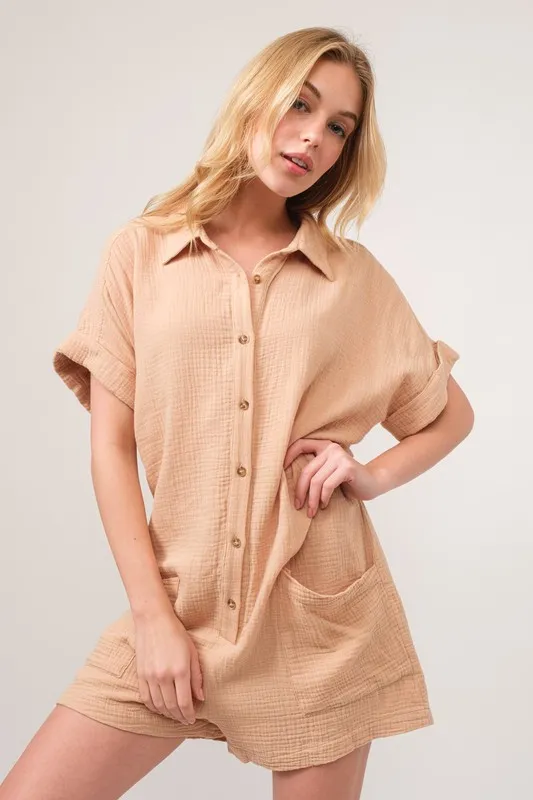 And The Why Washed Gauze Roll-up Sleeve Comfort Utility Romper