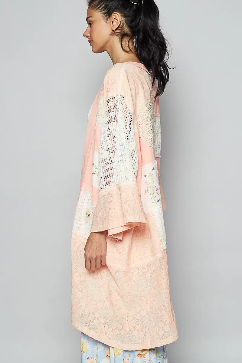 POL Double Gauze and Lace Mix Cardigan with Embroidered Detail