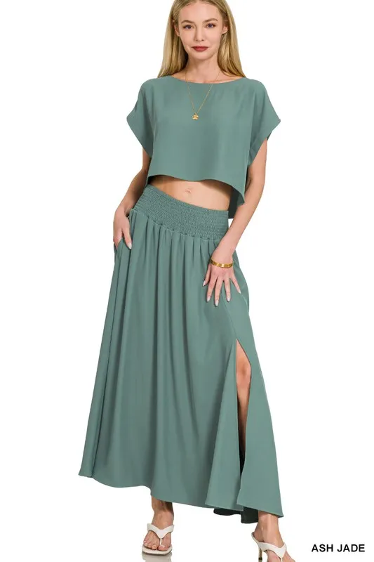 Zenana Heavy Woven Span Crop Tee & Skirt Set