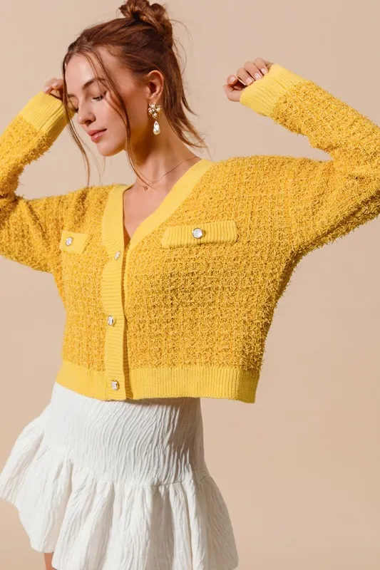 SO ME Frayed Tweed Knit Buttoned Front Cardigan