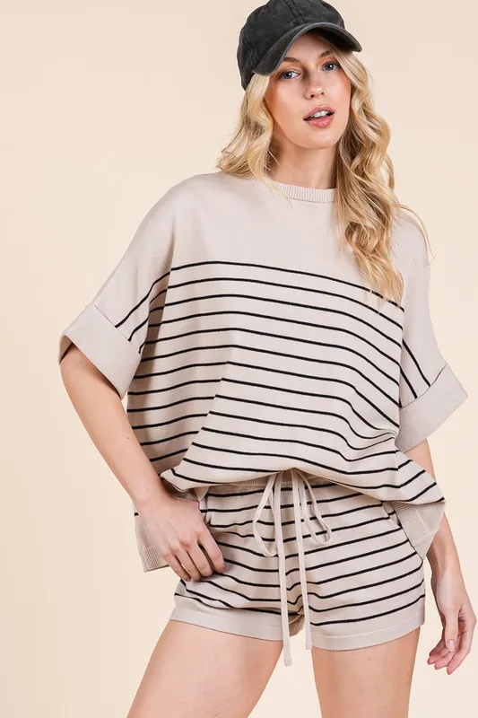 Lime 'N' Chili Striped Folded Half Sleeve Top and Shorts Set