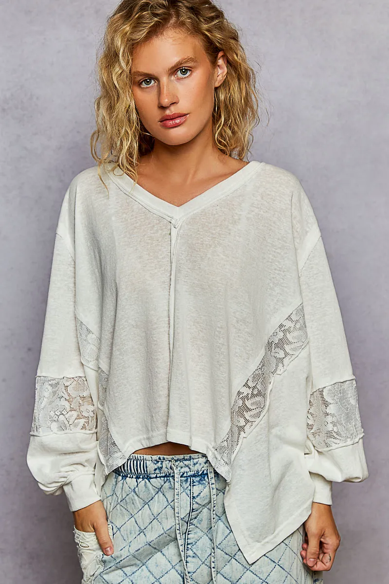 POL V-Neck Long Sleeve T-Shirt with Lace Detail