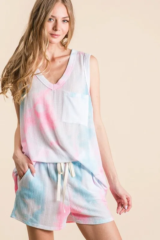 BiBi Tie Dye Textured Knit Top and Shorts Set