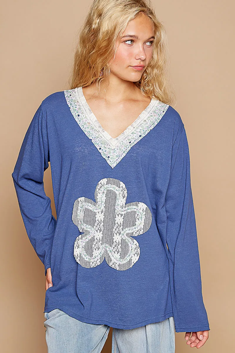 POL Lace Flower Patch Long Sleeve T-Shirt