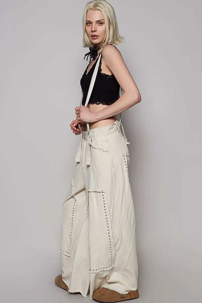 POL Raw Hem Studded Knee Patches Cargo Overalls