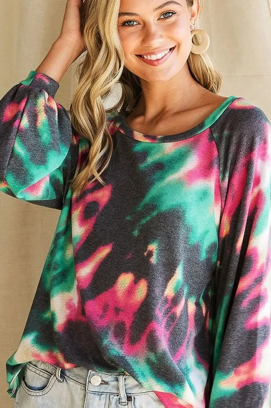 BiBi Tie Dye Print Terry Top with Puff Sleeves
