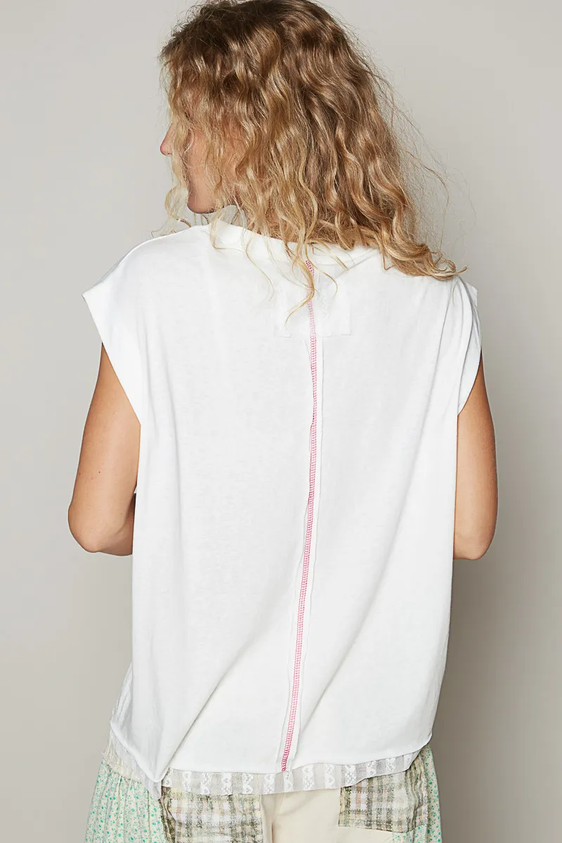 POL Star Patch Studded Sleeveless T-Shirt with Lace Hem