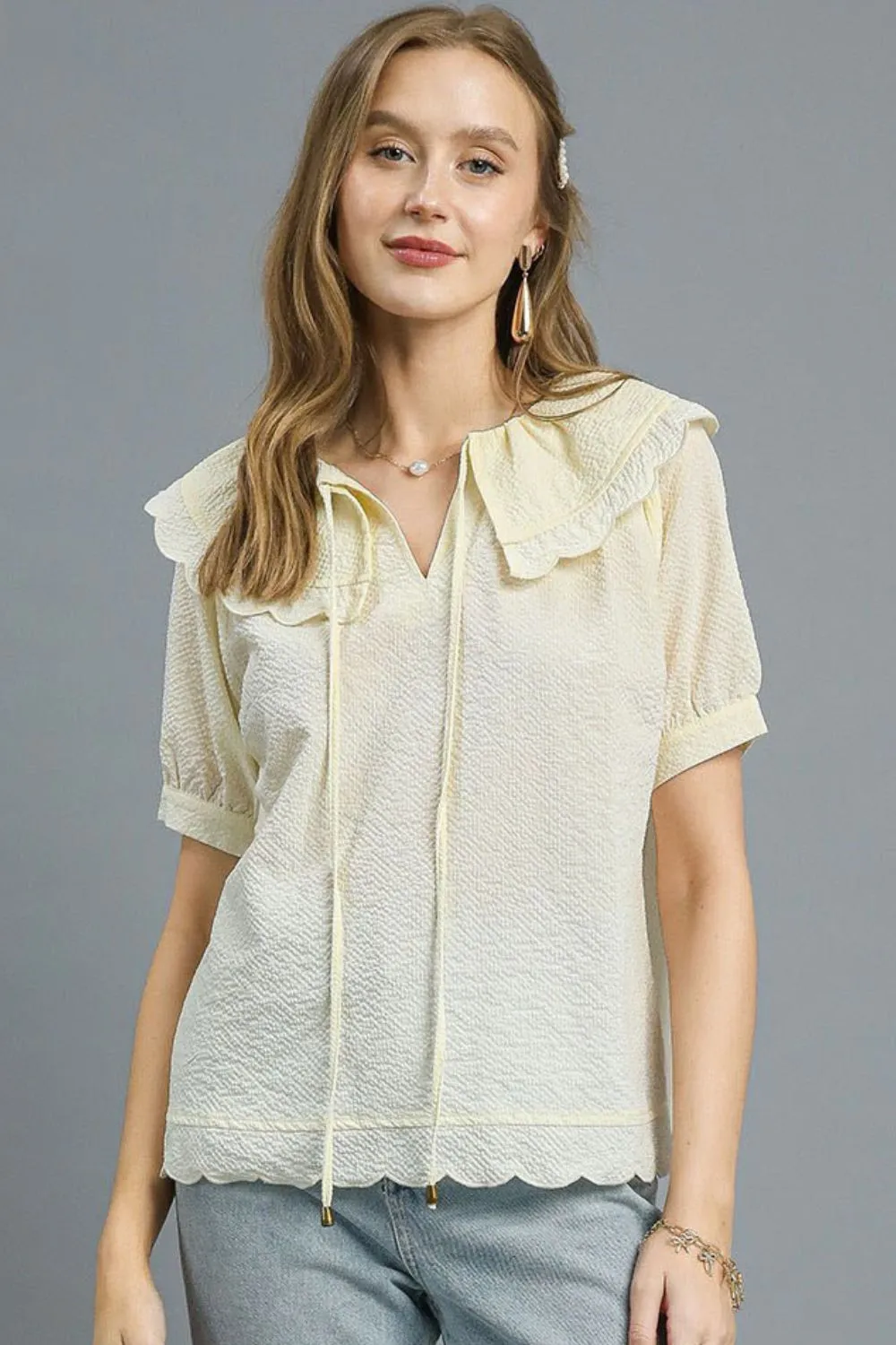 Umgee Peter Pan Collar Short Sleeve Blouse