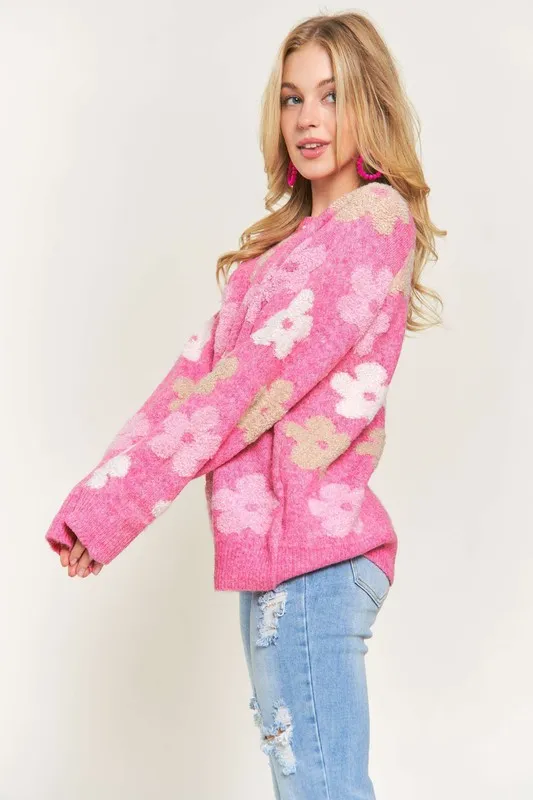 ADORA Full Size Floral Popped 2-Tone Sweater Top Plus Size