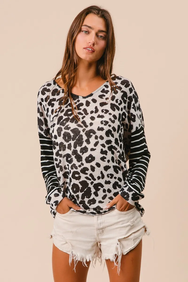 BiBi Leopard Hacci Knit Twist Back Top With Stripe Sleeve