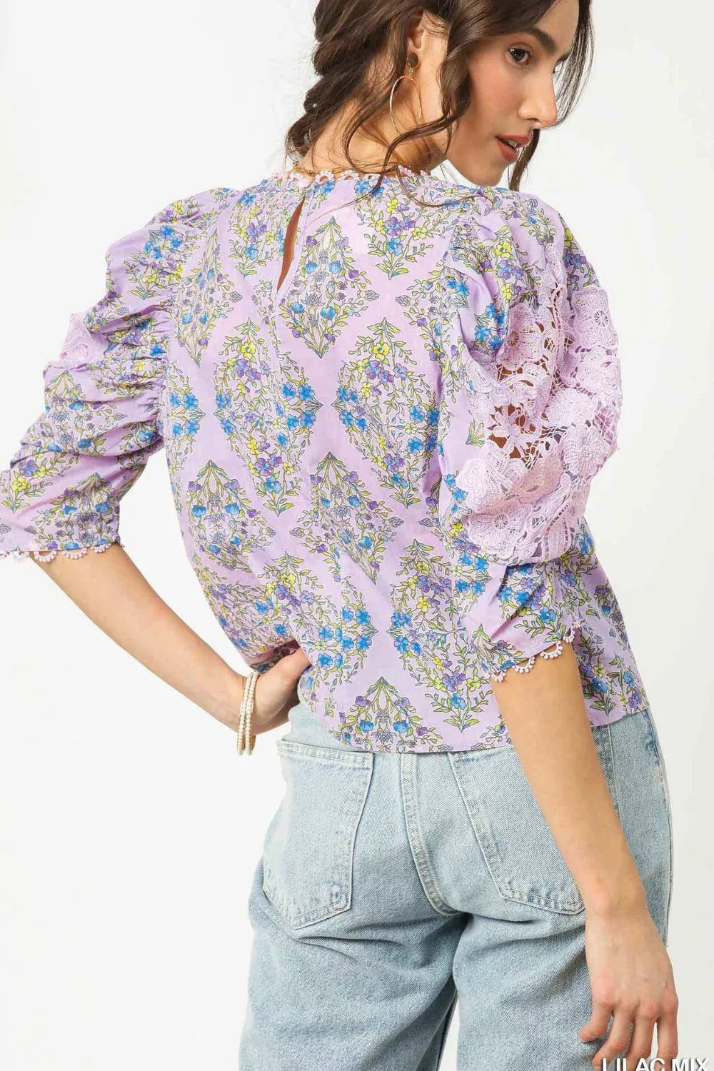 Umgee Printed Lace Puff Sleeve Blouse