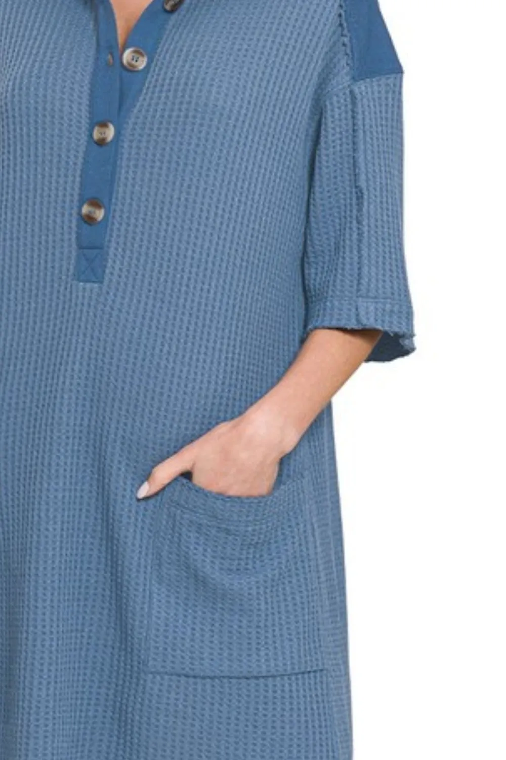 Zenana Waffle Half-Button Dress with Pocket
