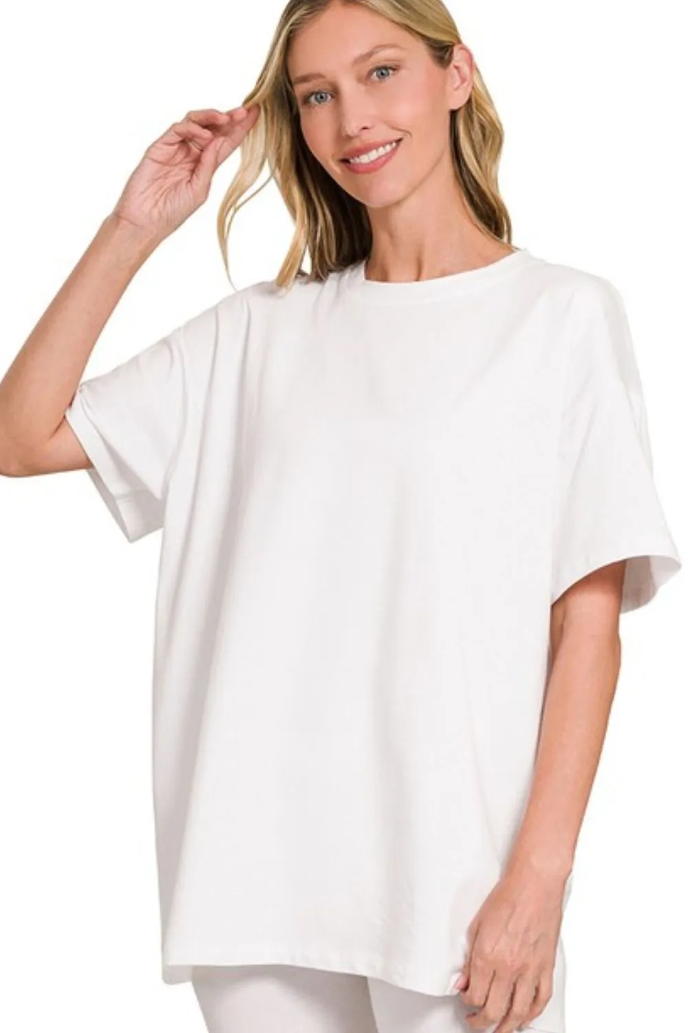 Zenana Cotton Round Neck Top & Biker Shorts