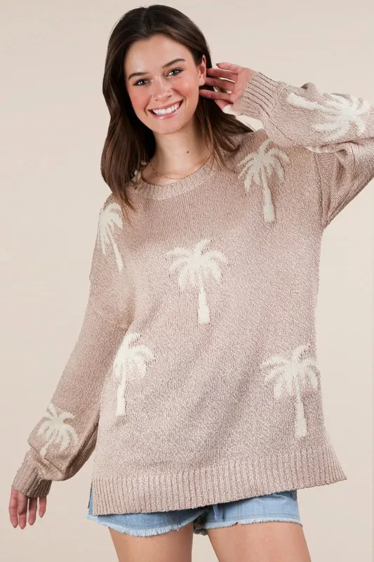 VERY J Palm Tree Graphic Oversized Knit Sweater