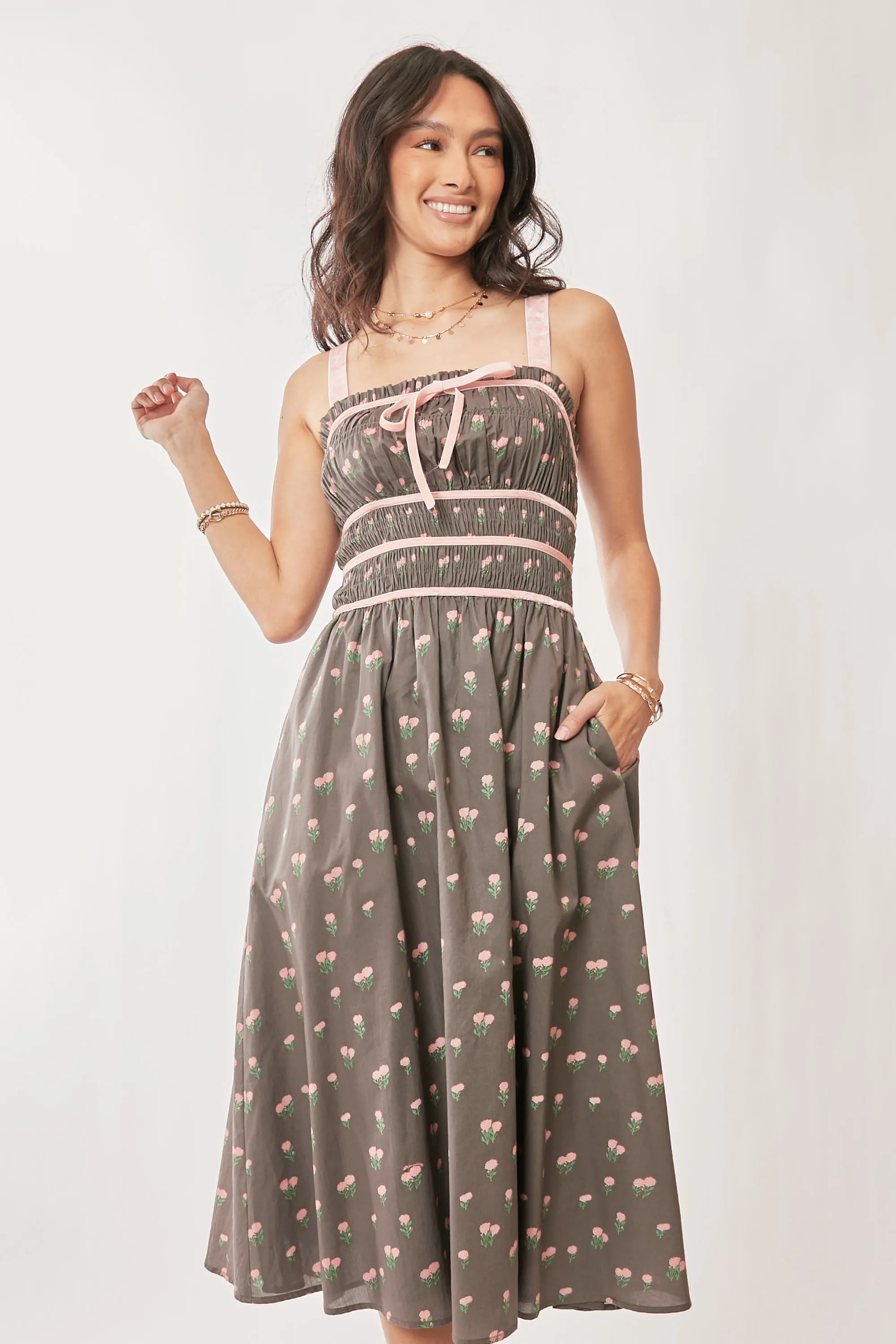 Davi & Dani Contrast Velvet Tape Smocking Bodice Midi Dress