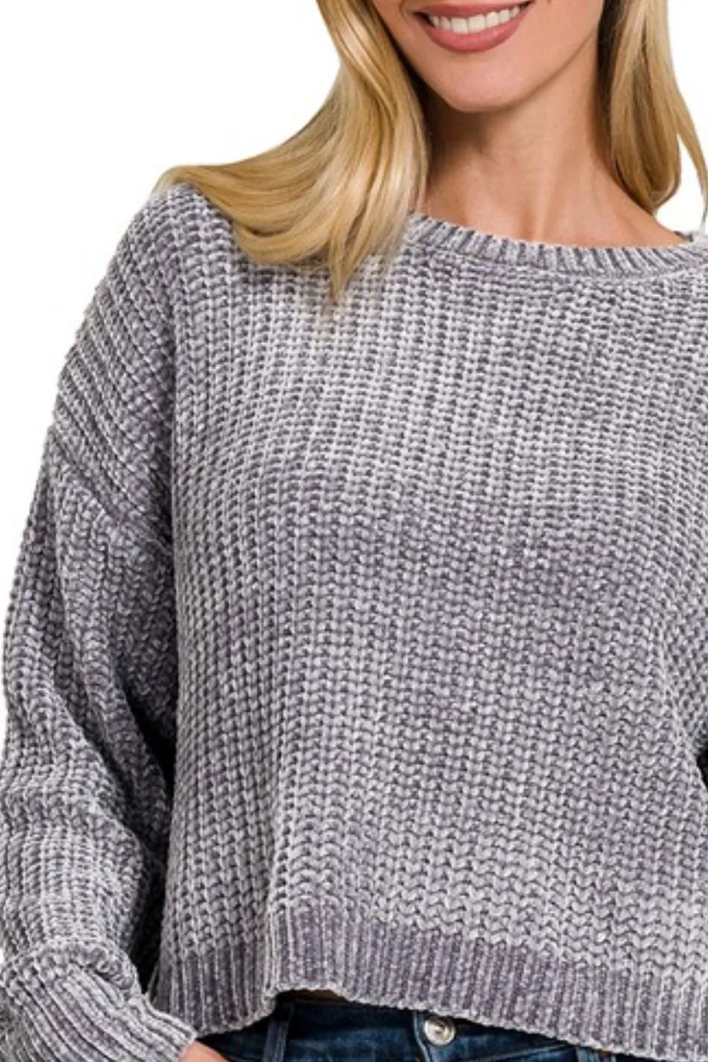 Zenana Chenille Round Neck Crop Sweater