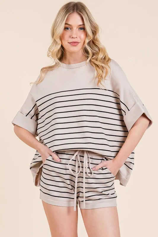 Lime 'N' Chili Striped Folded Half Sleeve Top and Shorts Set