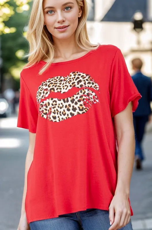 Heimish Full Size Leopard Lip Round Neck Short Sleeve T-Shirt Plus Size