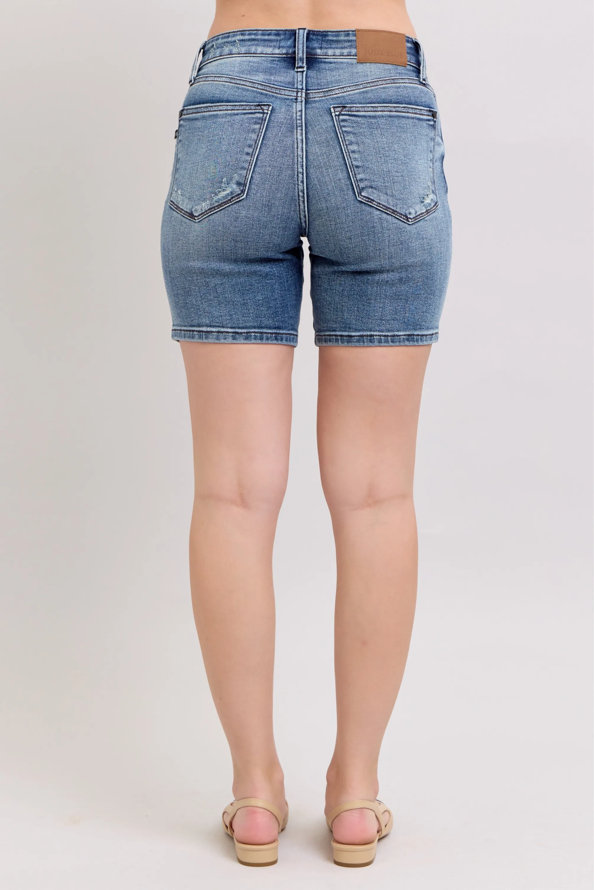 Judy Blue Button Fly Mid Length Denim Shorts W/ Destroy