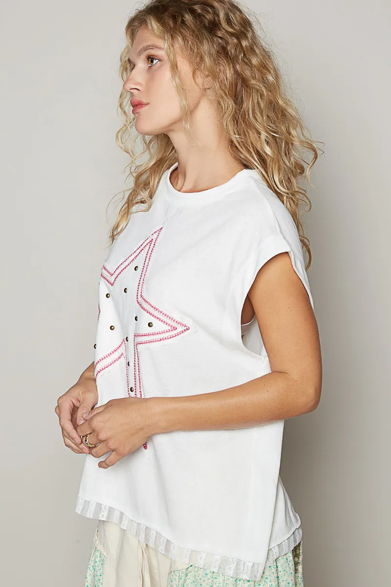 POL Star Patch Studded Sleeveless T-Shirt with Lace Hem