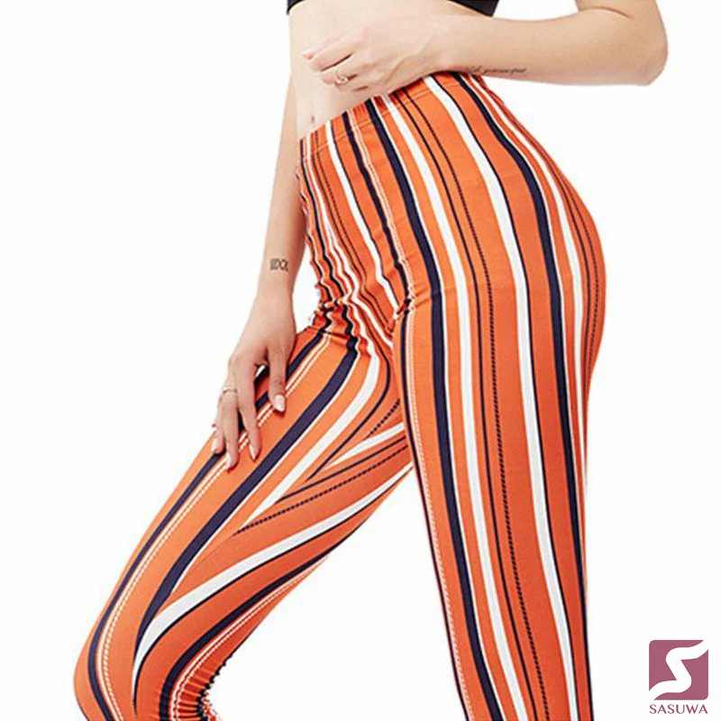 Sasuwa Female Contrast Color Stripe Print Elastic Tight Leggings