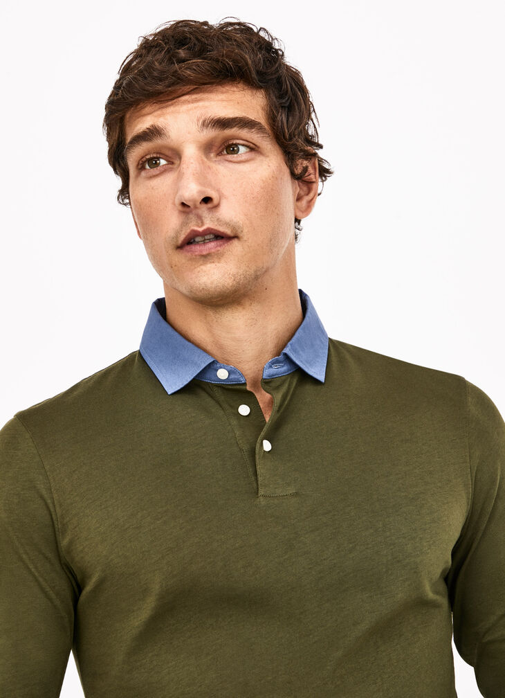 Long sleeve polo shirt with contrast neckline
