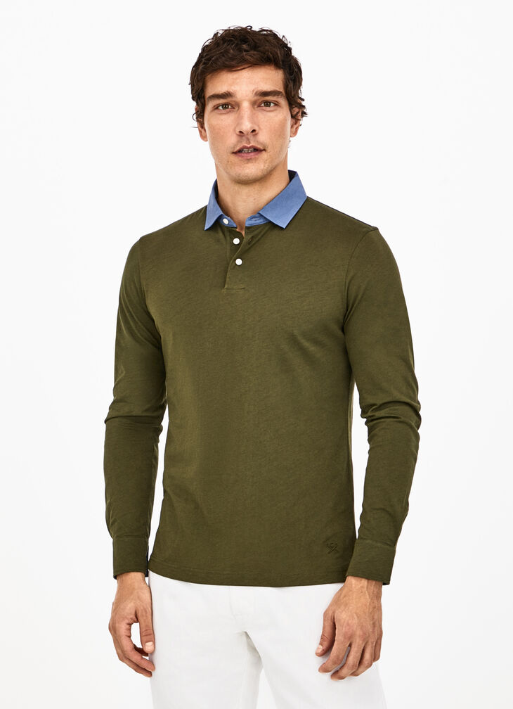 Long sleeve polo shirt with contrast neckline