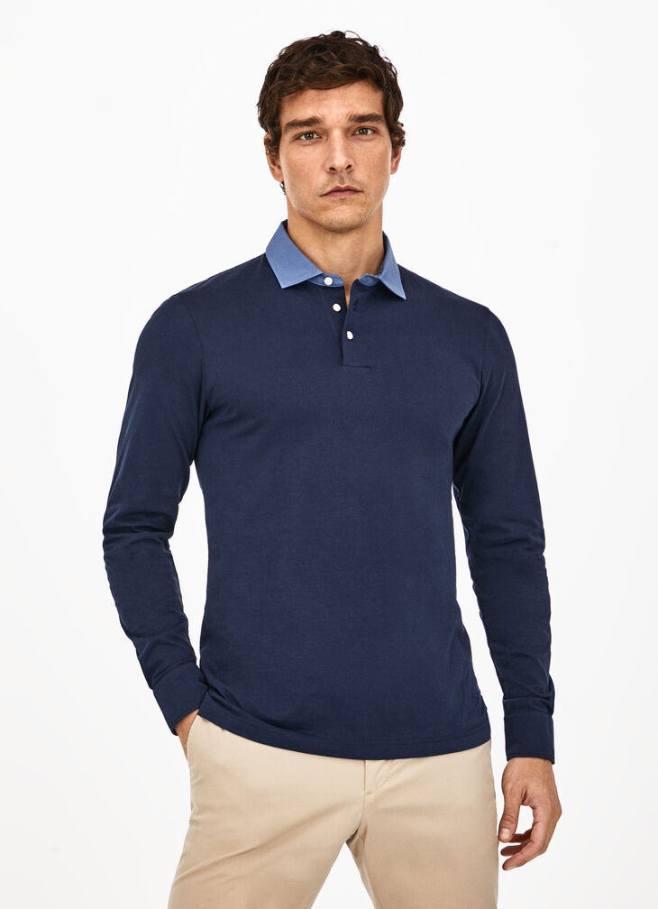 Long sleeve polo shirt with contrast neckline