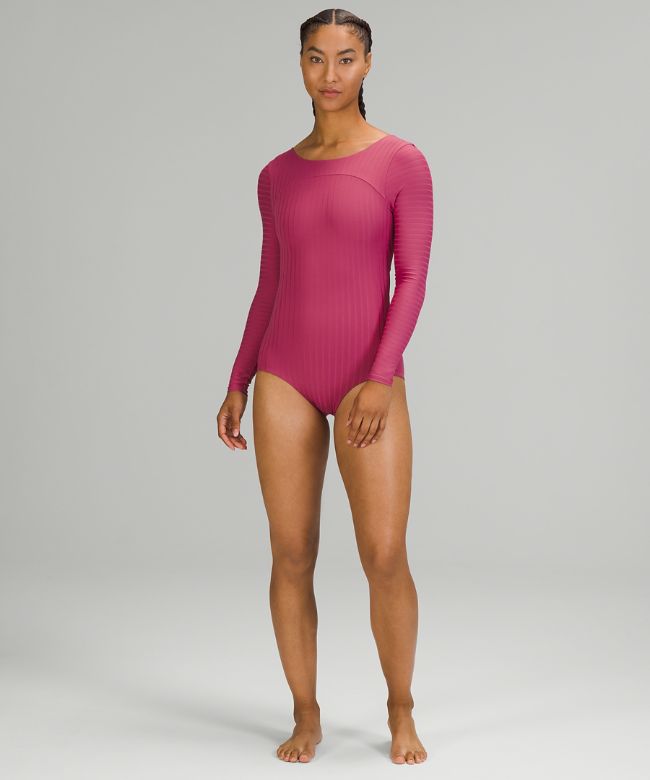 Ribbed Wrap-Back Long-Sleeve One-Piece