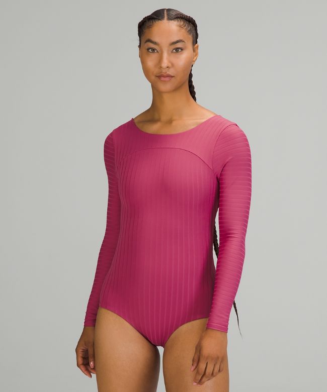 Ribbed Wrap-Back Long-Sleeve One-Piece
