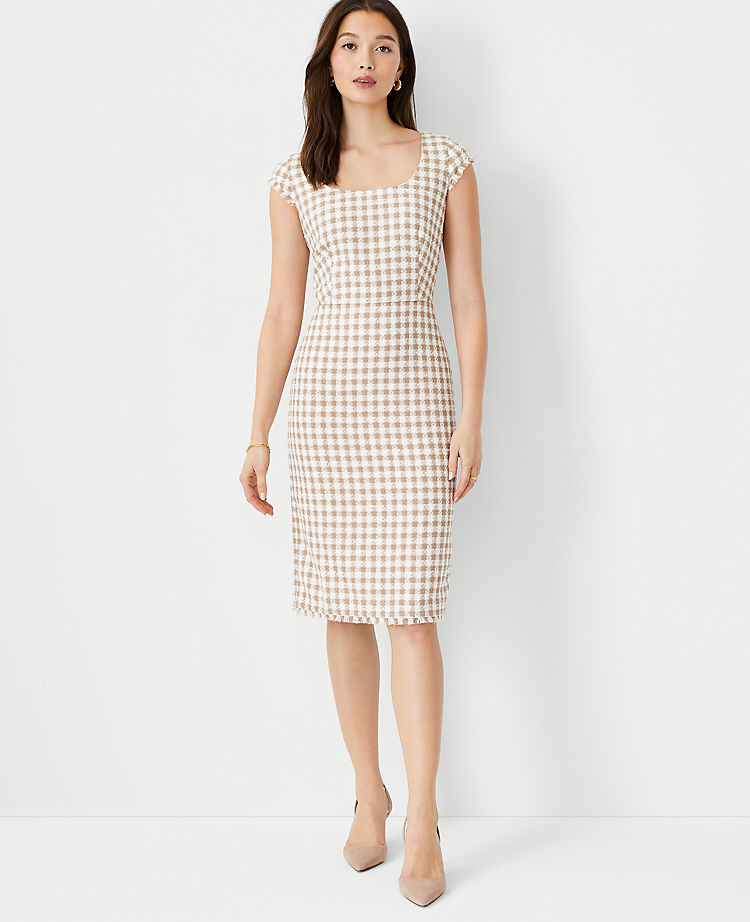 Gingham Tweed Scoop Neck Sheath Dress