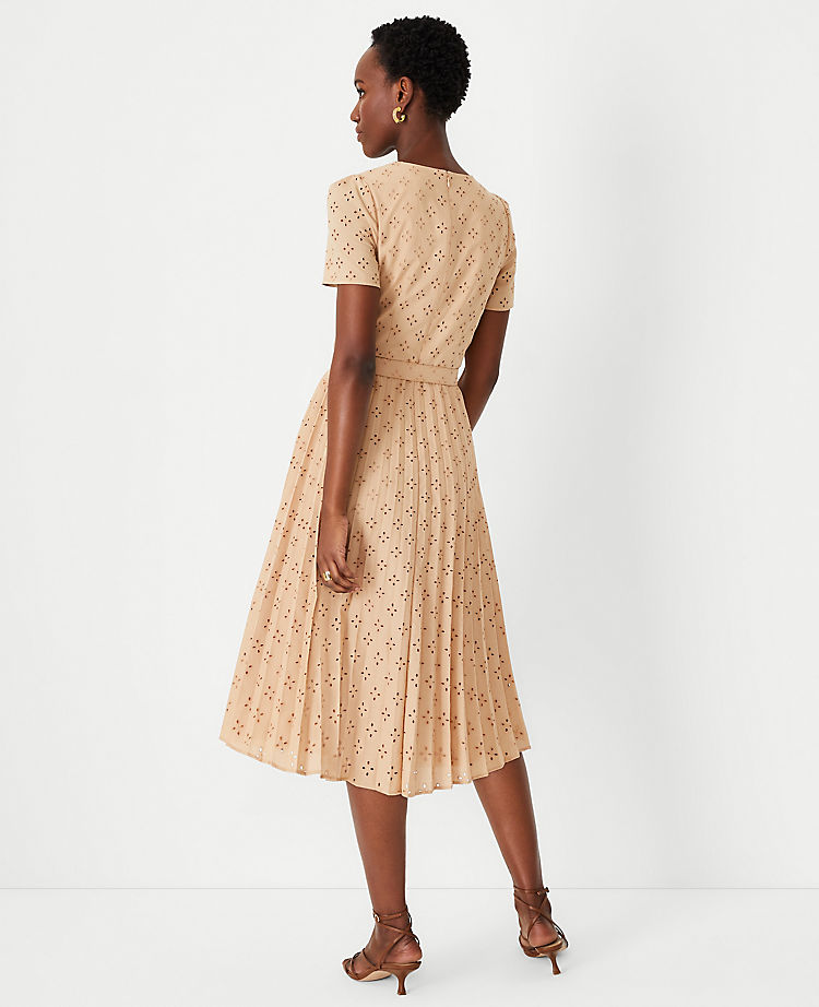 Eyelet Pleated Belted Dress