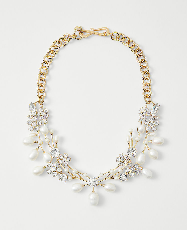 Pearlized Crystal Flower Burst Statement Necklace