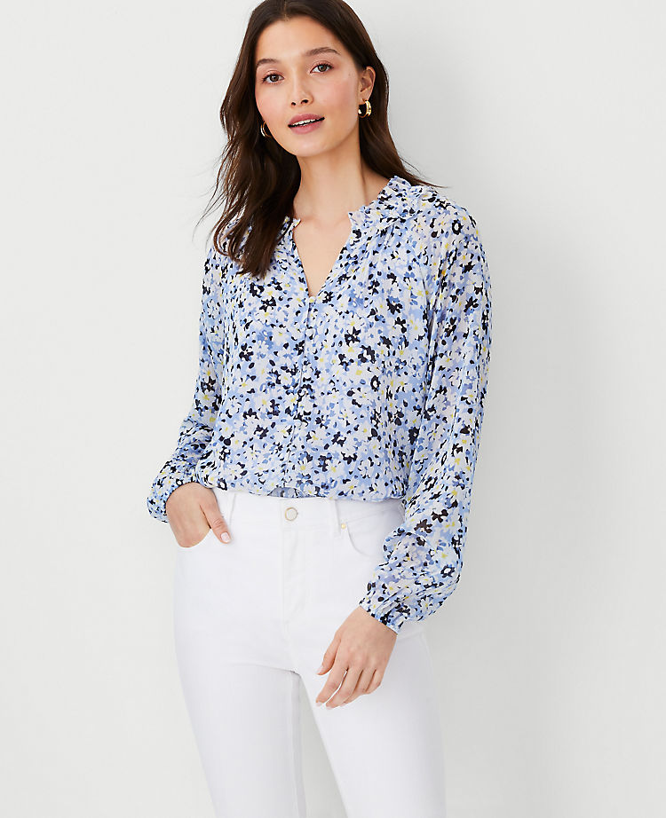 Ann Taylor Floral Ruffled Raglan Sleeve Top