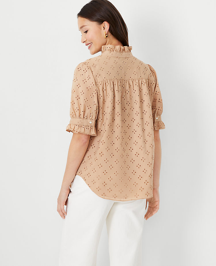 Eyelet Ruffle Button Top