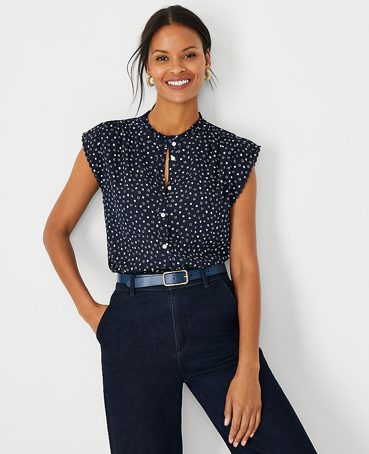 Ann Taylor Outlet |  Spotted Scalloped Mixed Media Button Top