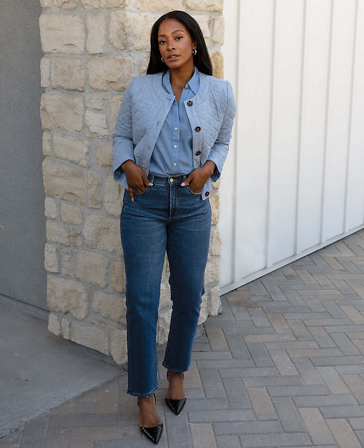 Ann Taylor Outlet |  Sculpting Pocket High Rise Straight Jeans in Classic Mid Wash