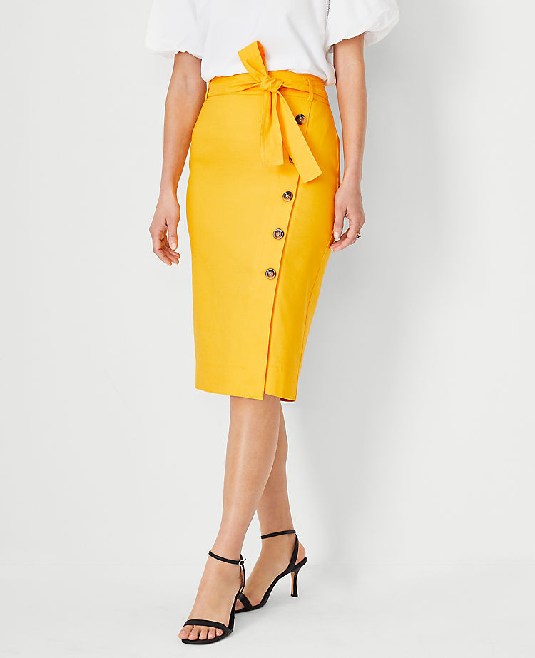 Linen Blend Button Wrap Pencil Skirt