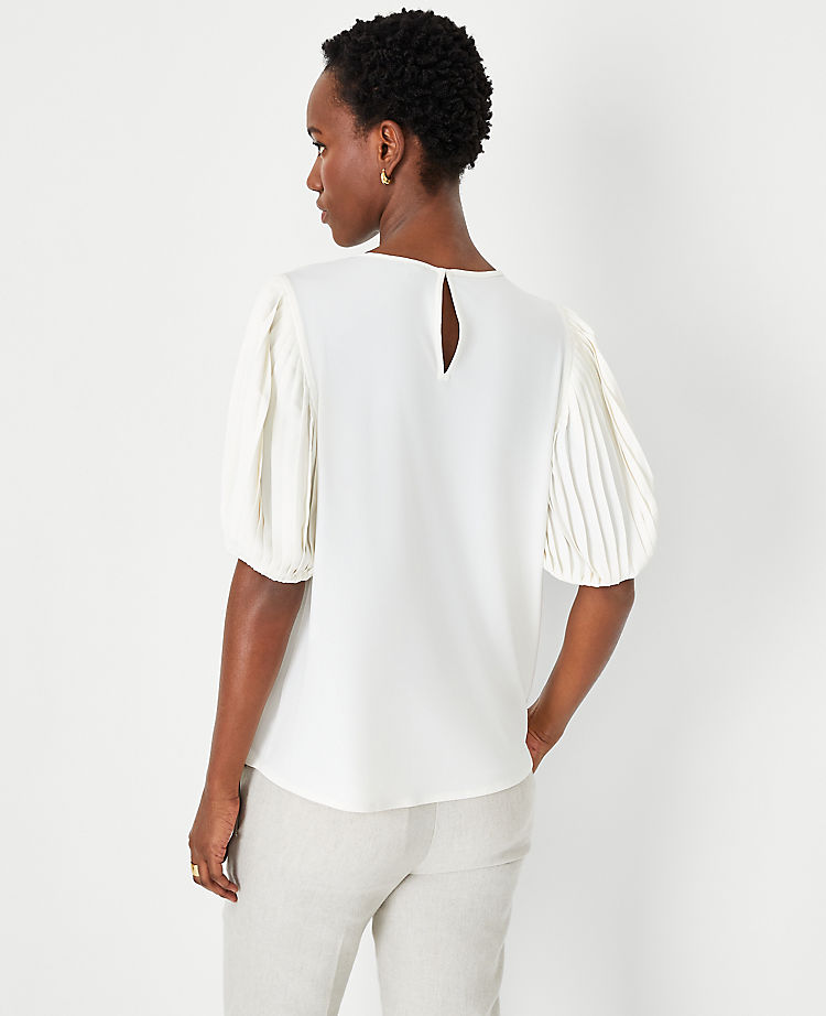 Pleated Elbow Sleeve Mixed Media Top