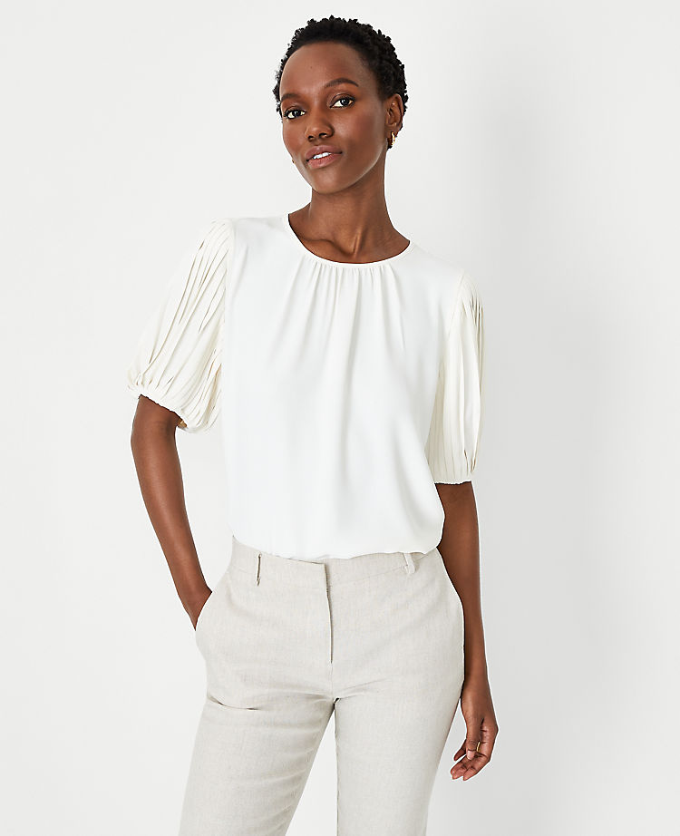 Pleated Elbow Sleeve Mixed Media Top
