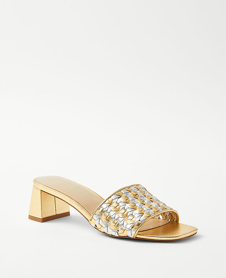 Metallic Woven Leather Block Heel Sandals