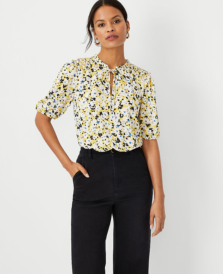 Ann Taylor Outlet |  Floral Smocked Shoulder Mixed Media Top
