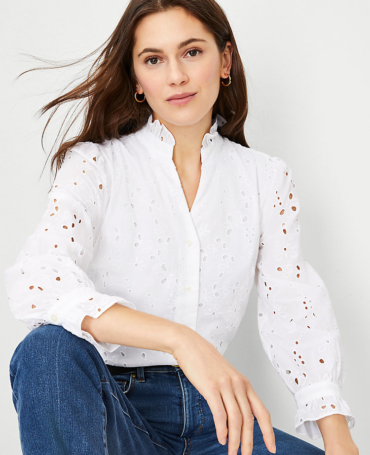 Ann Taylor Outlet |  Eyelet Ruffle Button Top