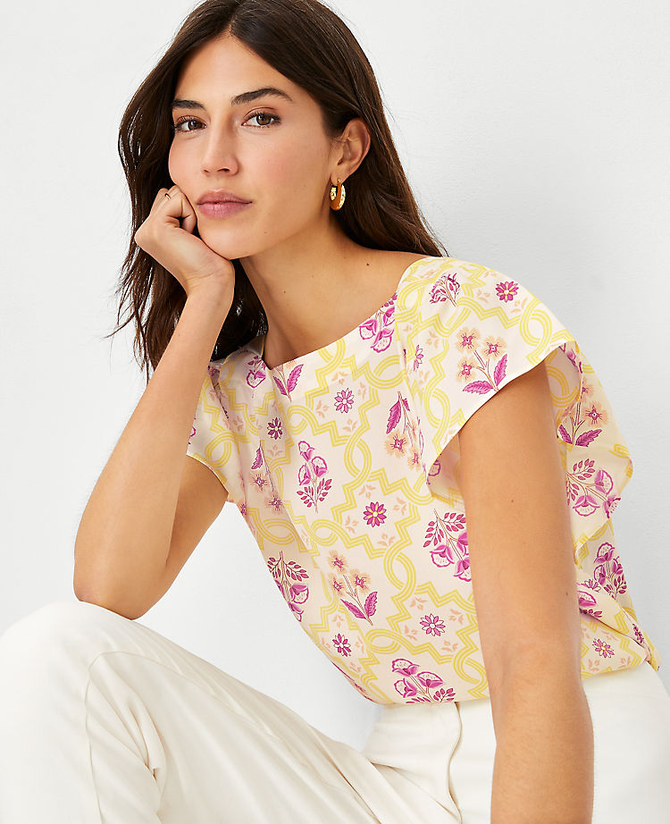 Ann Taylor Outlet |  Tile Print Flutter Sleeve Square Neck Top
