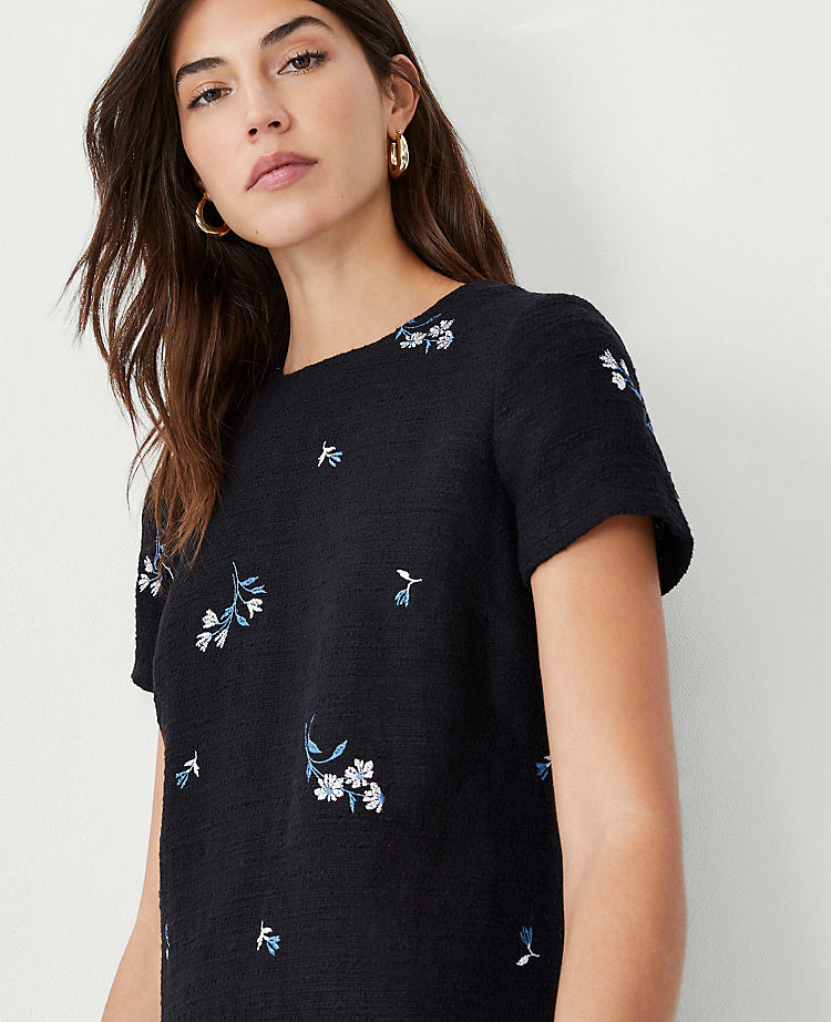 Embroidered Floral Tweed Shift Dress