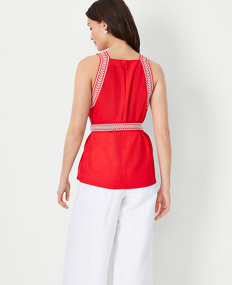 Embroidered Trim Square Neck Halter Top