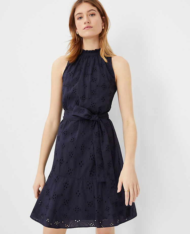 Ann Taylor Outlet |  Eyelet Mock Neck Belted Flare Dress