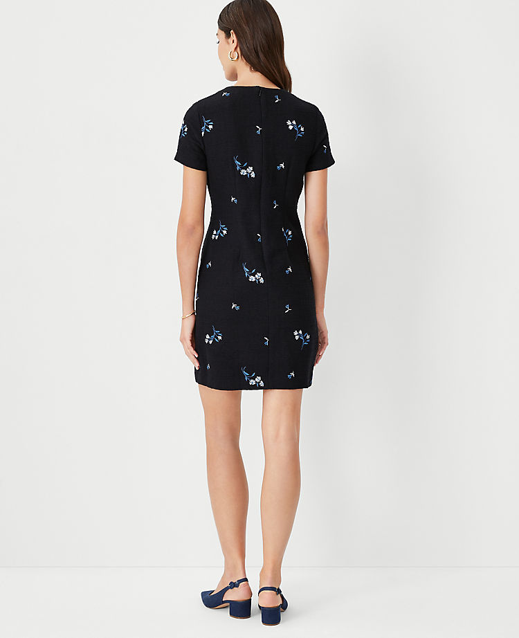 Embroidered Floral Tweed Shift Dress