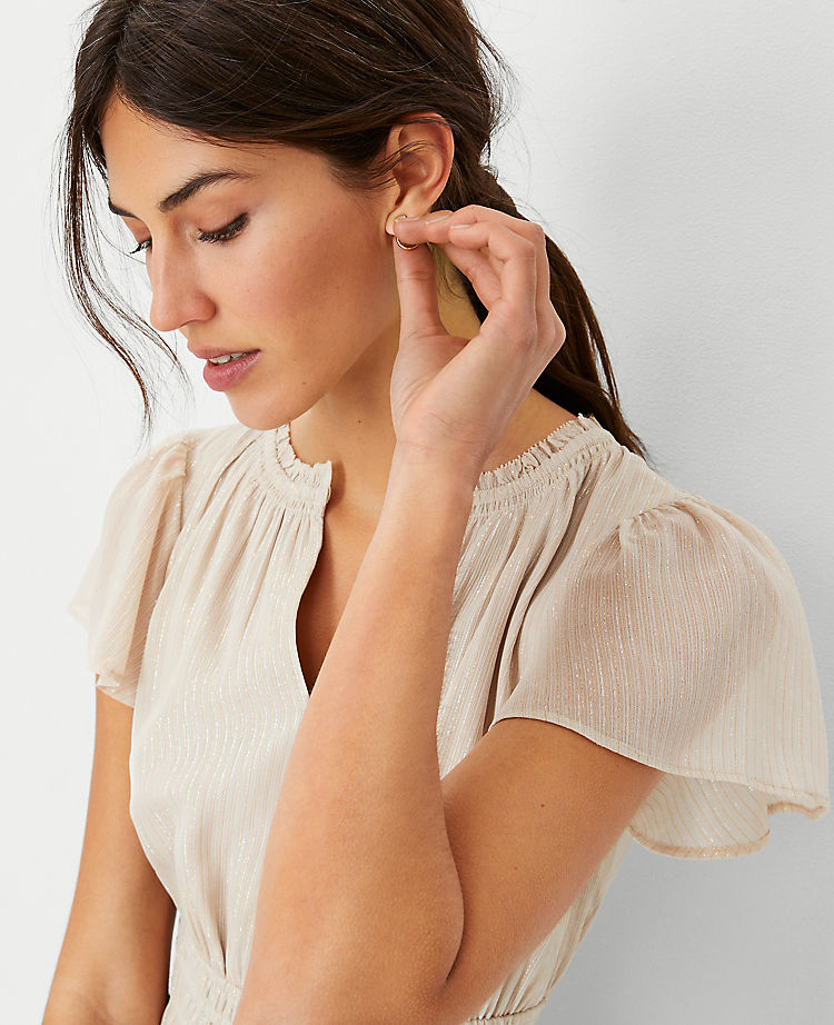 Ann Taylor Outlet |  Metallic Stripe Flutter Sleeve Flare Dress