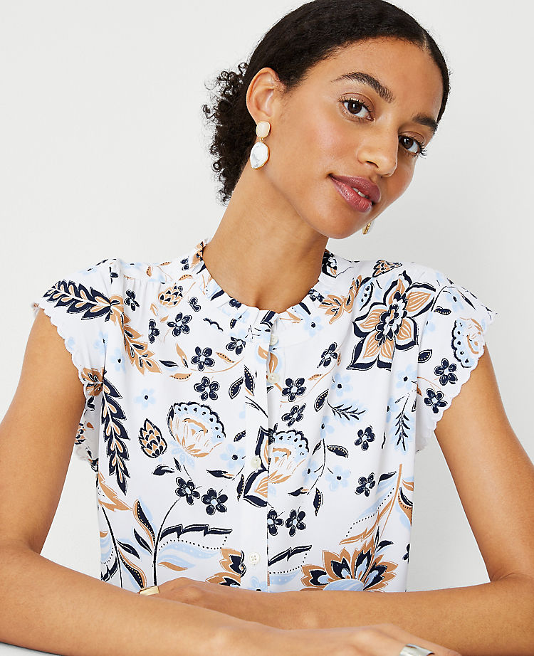 Floral Scalloped Mixed Media Button Top